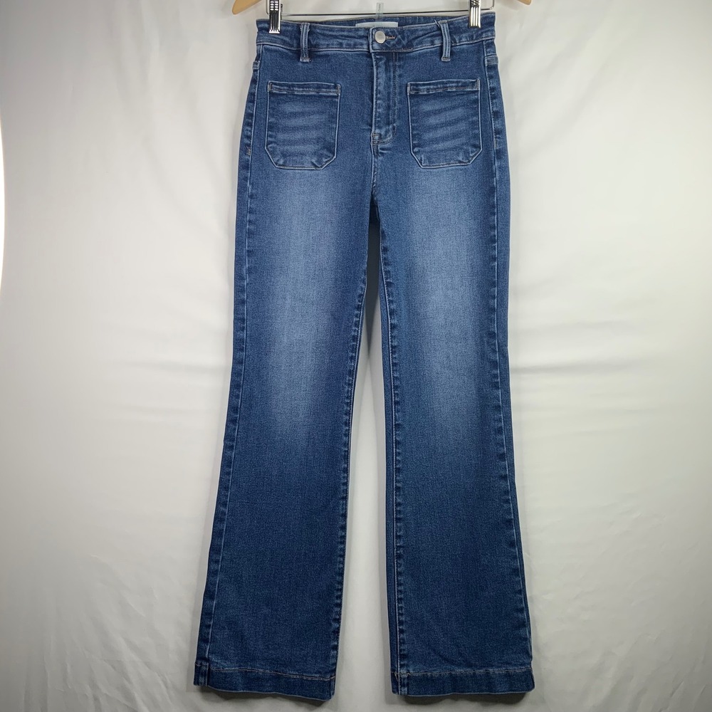 Risen Jeans Women Medium Wash High Rise Flare Leg Front Patch Pocket Denim 7/28